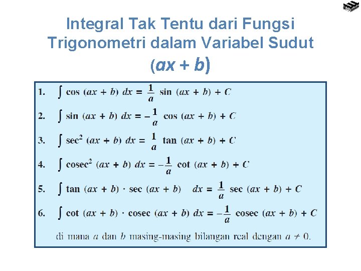 Integral Tak Tentu dari Fungsi Trigonometri dalam Variabel Sudut (ax + b) 