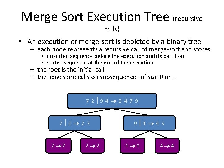 Merge Sort Execution Tree (recursive calls) • An execution of merge-sort is depicted by