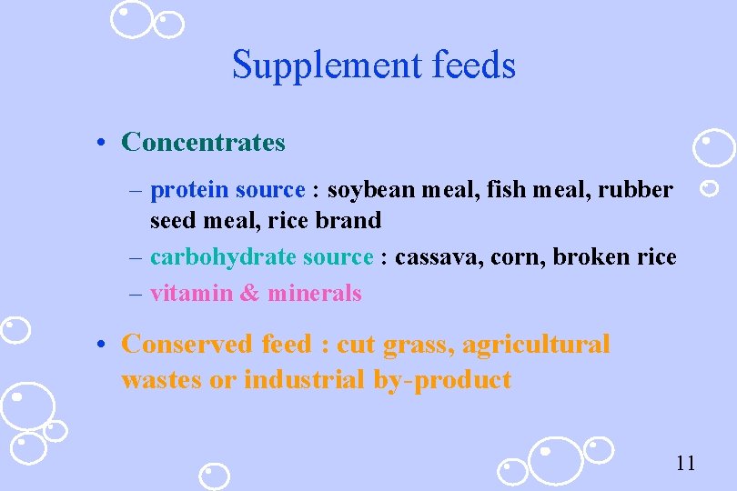 Supplement feeds • Concentrates – protein source : soybean meal, fish meal, rubber seed