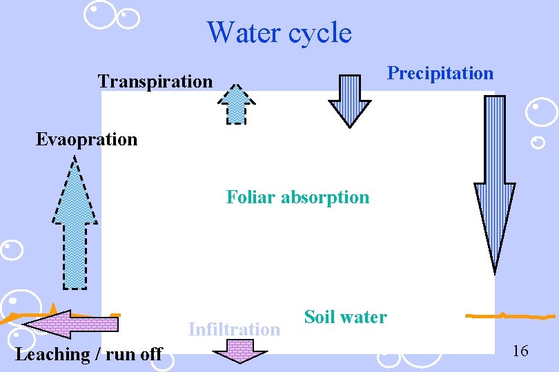 Water cycle Precipitation Transpiration Evaopration Foliar absorption Infiltration Leaching / run off Soil water