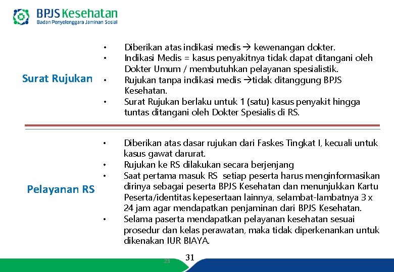  • • Surat Rujukan • • • Pelayanan RS • Diberikan atas indikasi