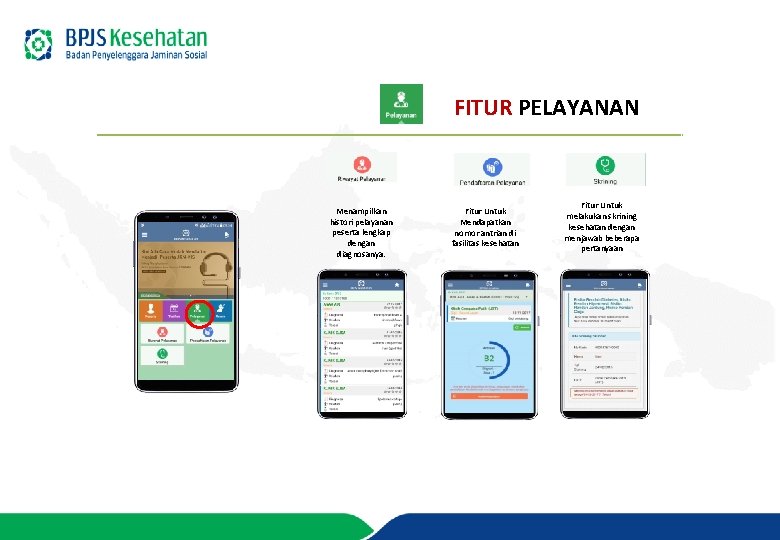 FITUR PELAYANAN Menampilkan histori pelayanan peserta lengkap dengan diagnosanya. Fitur Untuk Mendapatkan nomor antrian