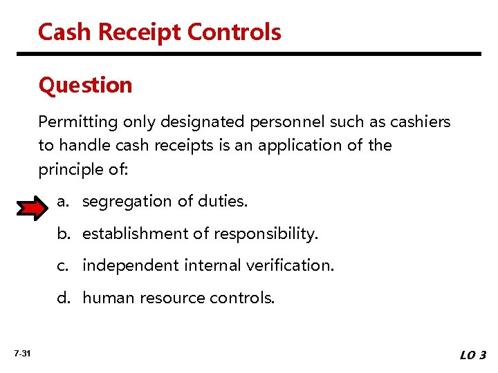 Cash Receipt Controls Question Permitting only designated personnel such as cashiers to handle cash