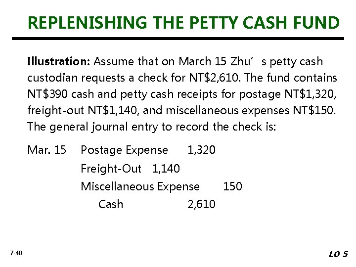 REPLENISHING THE PETTY CASH FUND Illustration: Assume that on March 15 Zhu’s petty cash