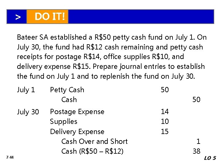 > DO IT! Bateer SA established a R$50 petty cash fund on July 1.