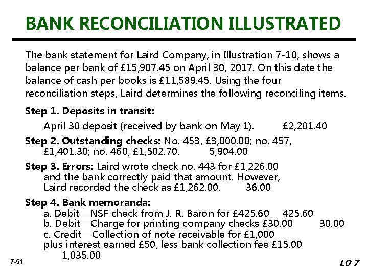 BANK RECONCILIATION ILLUSTRATED The bank statement for Laird Company, in Illustration 7 -10, shows