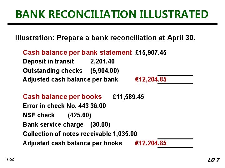 BANK RECONCILIATION ILLUSTRATED Illustration: Prepare a bank reconciliation at April 30. Cash balance per
