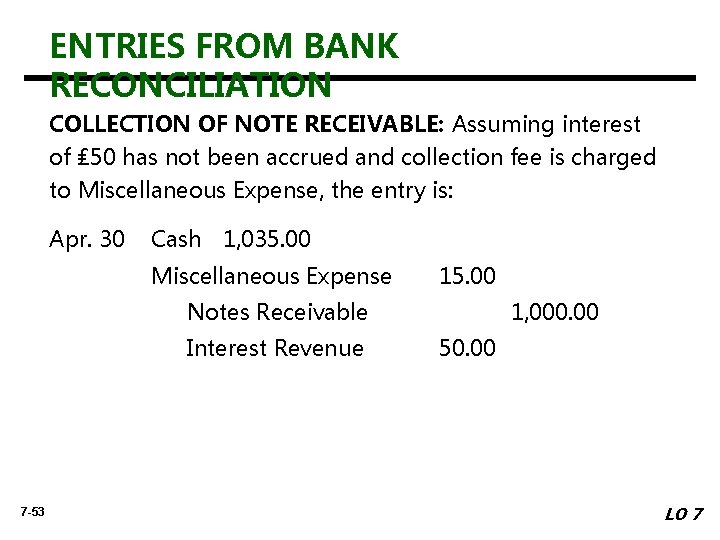ENTRIES FROM BANK RECONCILIATION COLLECTION OF NOTE RECEIVABLE: Assuming interest of ₤ 50 has