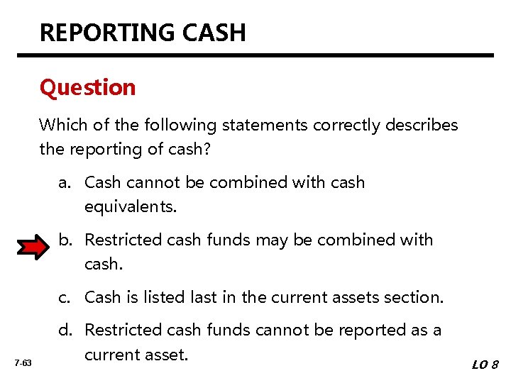 REPORTING CASH Question Which of the following statements correctly describes the reporting of cash?
