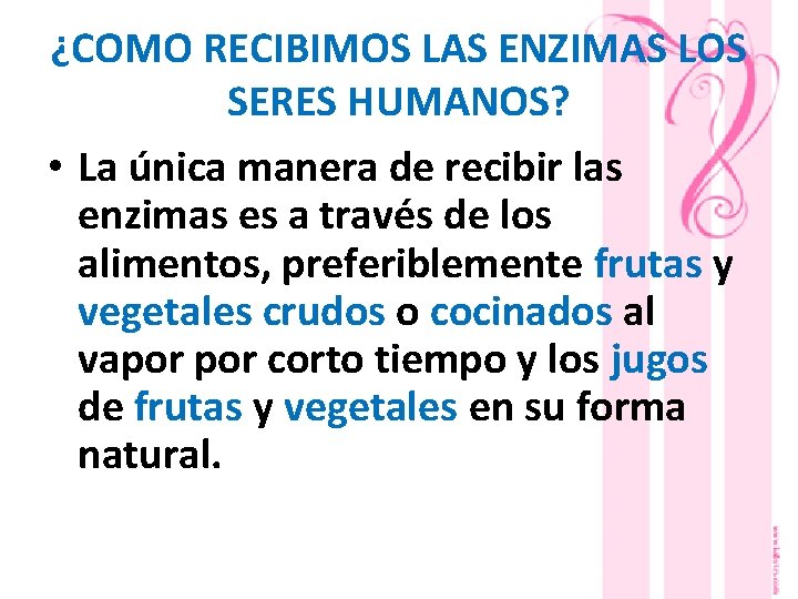 ¿COMO RECIBIMOS LAS ENZIMAS LOS SERES HUMANOS? • La única manera de recibir las