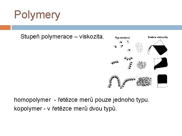 Polymery Stupeň polymerace – viskozita. homopolymer - řetězce merů pouze jednoho typu. kopolymer -