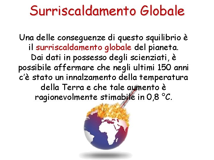 Surriscaldamento Globale Una delle conseguenze di questo squilibrio è il surriscaldamento globale del pianeta.