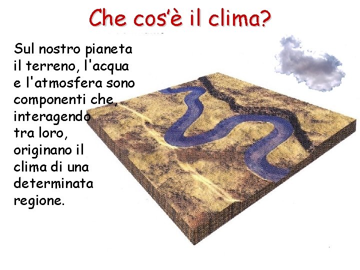 Che cos’è il clima? Sul nostro pianeta il terreno, l'acqua e l'atmosfera sono componenti