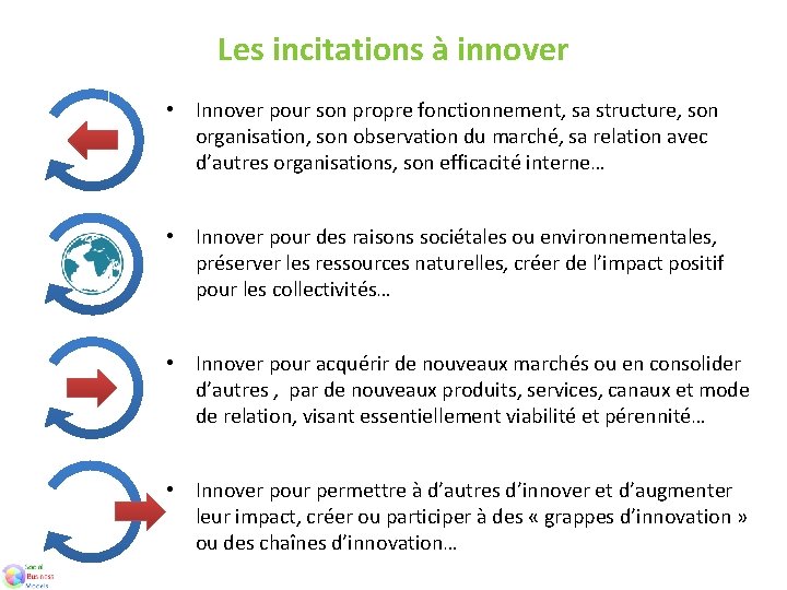 Les incitations à innover • Innover pour son propre fonctionnement, sa structure, son organisation,