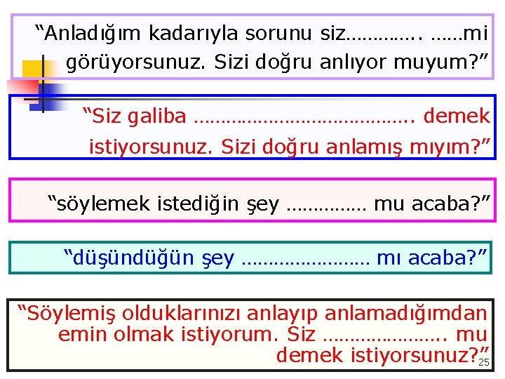 “Anladığım kadarıyla sorunu siz…………. . ……mi görüyorsunuz. Sizi doğru anlıyor muyum? ” “Siz galiba