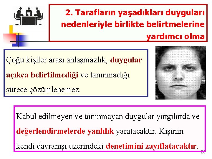 2. Tarafların yaşadıkları duyguları nedenleriyle birlikte belirtmelerine yardımcı olma Çoğu kişiler arası anlaşmazlık, duygular