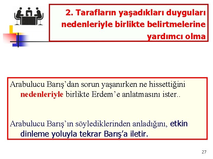 2. Tarafların yaşadıkları duyguları nedenleriyle birlikte belirtmelerine yardımcı olma Arabulucu Barış’dan sorun yaşanırken ne