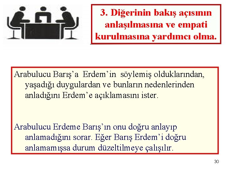 3. Diğerinin bakış açısının anlaşılmasına ve empati kurulmasına yardımcı olma. Arabulucu Barış’a Erdem’in söylemiş