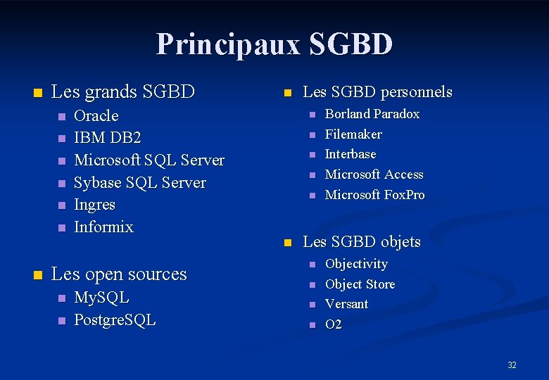 Principaux SGBD n Les grands SGBD n n n n Oracle IBM DB 2