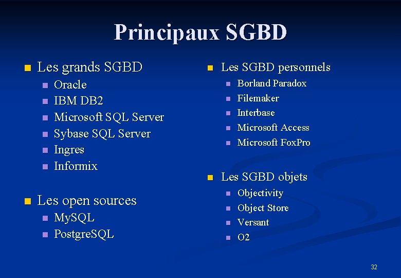Principaux SGBD n Les grands SGBD n n n n Oracle IBM DB 2