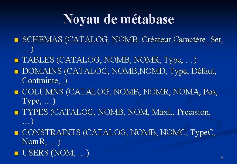 Noyau de métabase n n n n SCHEMAS (CATALOG, NOMB, Créateur, Caractère_Set, …) TABLES