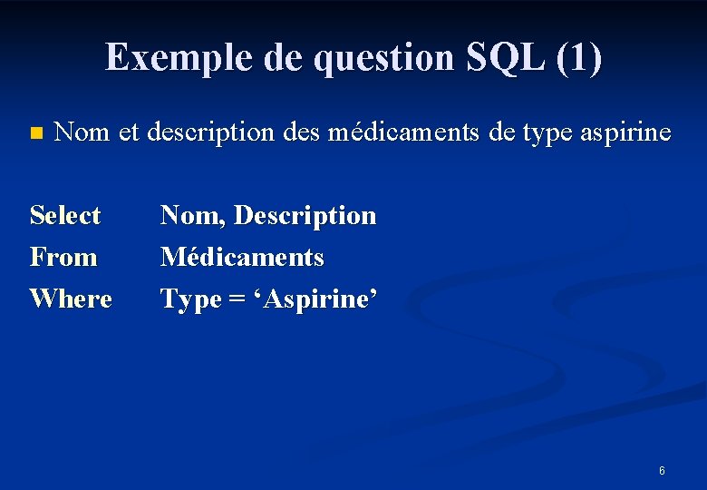 Exemple de question SQL (1) n Nom et description des médicaments de type aspirine