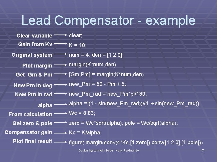 Lead Compensator - example Clear variable clear; Gain from Kv K = 10; Original
