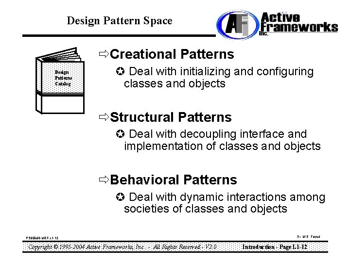 Design Pattern Space ðCreational Patterns Design Patterns Catalog µ Deal with initializing and configuring