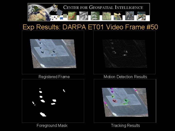 Exp Results: DARPA ET 01 Video Frame #50 Registered Frame Foreground Mask Motion Detection Exp Results: DARPA ET 01 Video Frame #50 Registered Frame Foreground Mask Motion Detection