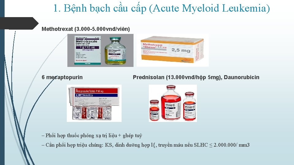 1. Bệnh bạch cầu cấp (Acute Myeloid Leukemia) Methotrexat (3. 000 -5. 000 vnđ/viên)