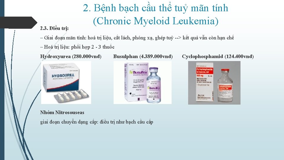 2. 3. Điều trị: 2. Bệnh bạch cầu thể tuỷ mãn tính (Chronic Myeloid