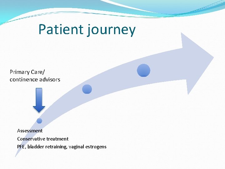 Patient journey Primary Care/ continence advisors Assessment Conservative treatment PFE, bladder retraining, vaginal estrogens