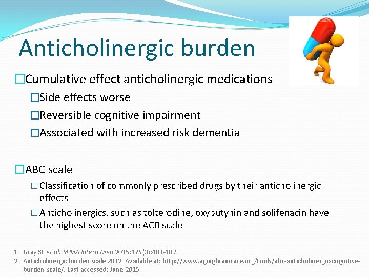 Anticholinergic burden �Cumulative effect anticholinergic medications �Side effects worse �Reversible cognitive impairment �Associated with