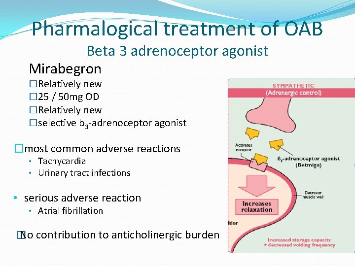 Pharmalogical treatment of OAB Beta 3 adrenoceptor agonist Mirabegron �Relatively new � 25 /