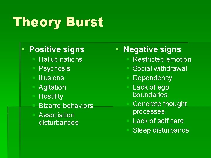 Theory Burst § Positive signs § § § § Hallucinations Psychosis Illusions Agitation Hostility