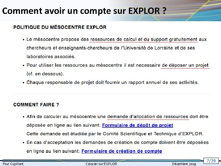 Comment avoir un compte sur EXPLOR ? Paul Cupillard Calculer sur EXPLOR Décembre 2019