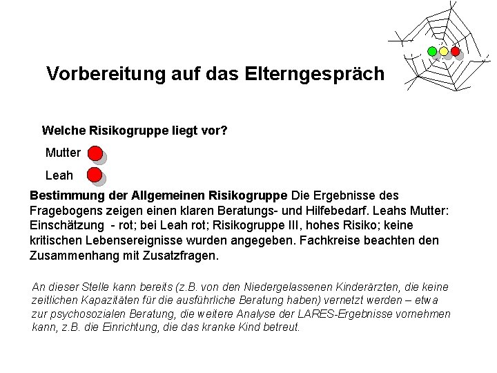 Vorbereitung auf das Elterngespräch Welche Risikogruppe liegt vor? Mutter Leah Bestimmung der Allgemeinen Risikogruppe