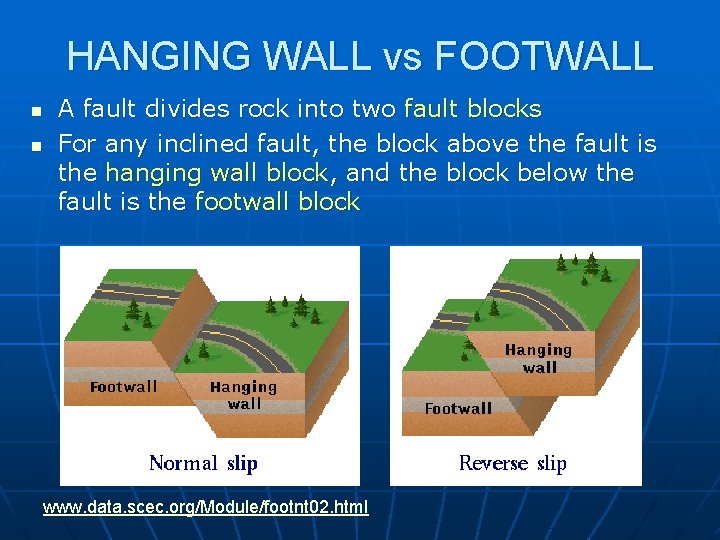 HANGING WALL vs FOOTWALL n n A fault divides rock into two fault blocks