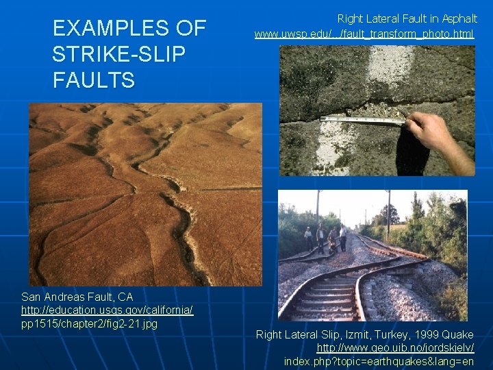 EXAMPLES OF STRIKE-SLIP FAULTS San Andreas Fault, CA http: //education. usgs. gov/california/ pp 1515/chapter