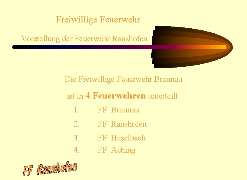 Freiwillige Feuerwehr Vorstellung der Feuerwehr Ranshofen Die Freiwillige Feuerwehr Braunau ist in 4 Feuerwehren