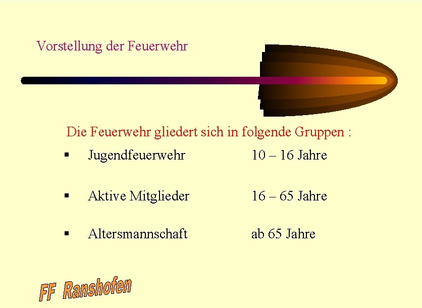 Freiwillige Feuerwehr der Stadt Vorstellung der Feuerwehr Die Feuerwehr gliedert sich in folgende Gruppen