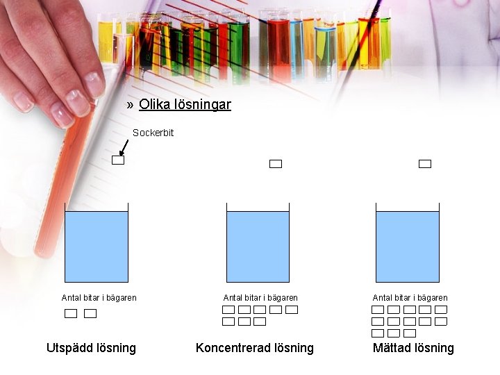 » Olika lösningar Sockerbit Antal bitar i bägaren Utspädd lösning Antal bitar i bägaren