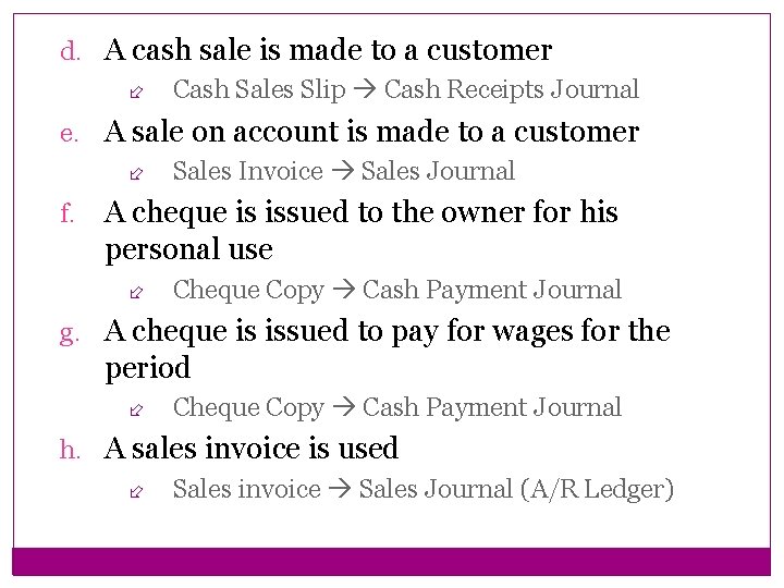 d. A cash sale is made to a customer Cash Sales Slip Cash Receipts