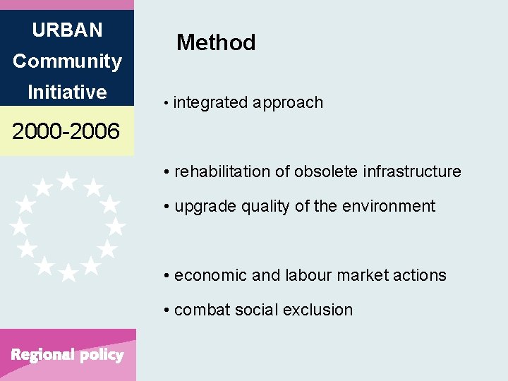 URBAN Community Initiative Method • integrated approach 2000 -2006 • rehabilitation of obsolete infrastructure