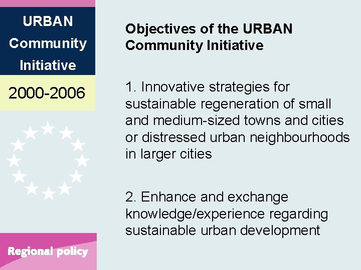 URBAN Community Objectives of the URBAN Community Initiative 2000 -2006 1. Innovative strategies for