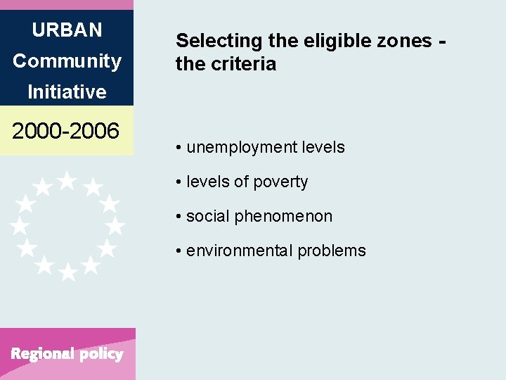 URBAN Community Selecting the eligible zones the criteria Initiative 2000 -2006 • unemployment levels