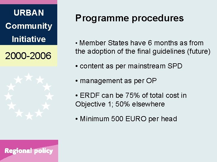 URBAN Community Initiative 2000 -2006 Programme procedures • Member States have 6 months as