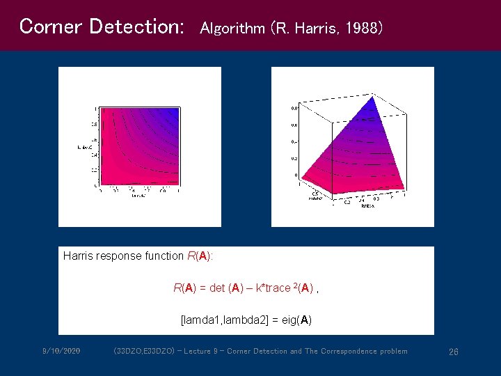 Corner Detection: Algorithm (R. Harris, 1988) Harris response function R(A): R(A) = det (A)