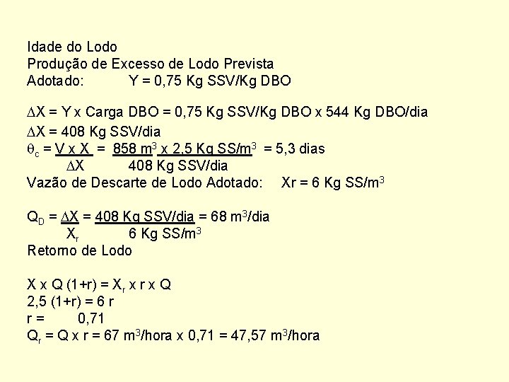 Idade do Lodo Produção de Excesso de Lodo Prevista Adotado: Y = 0, 75