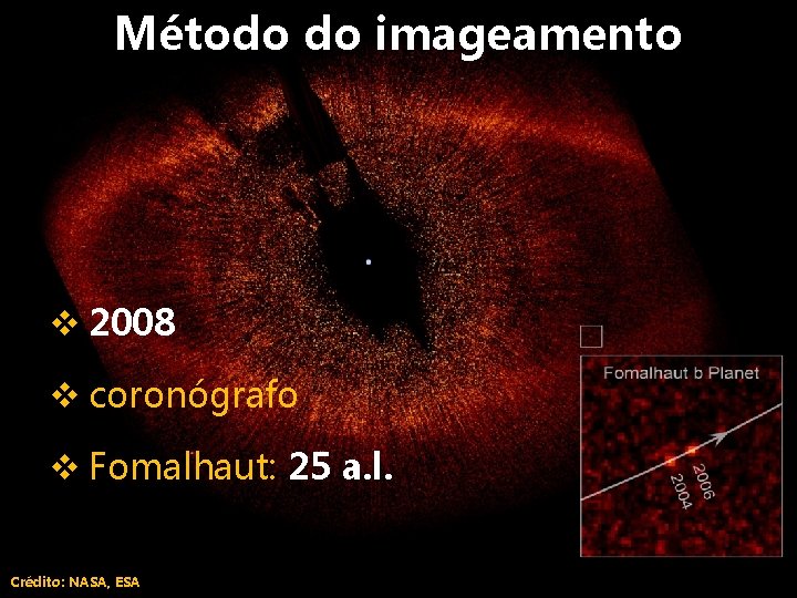 Método do imageamento v 2008 v coronógrafo v Fomalhaut: 25 a. l. Crédito: NASA,
